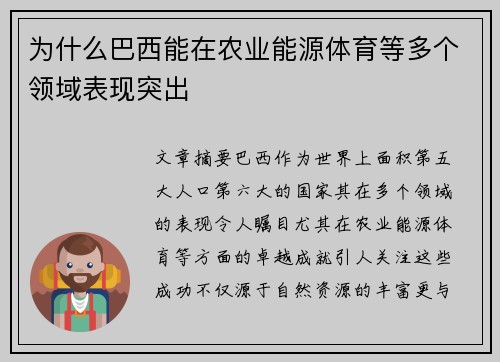 为什么巴西能在农业能源体育等多个领域表现突出