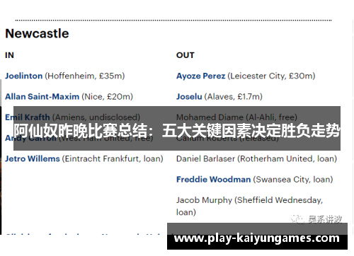 阿仙奴昨晚比赛总结：五大关键因素决定胜负走势